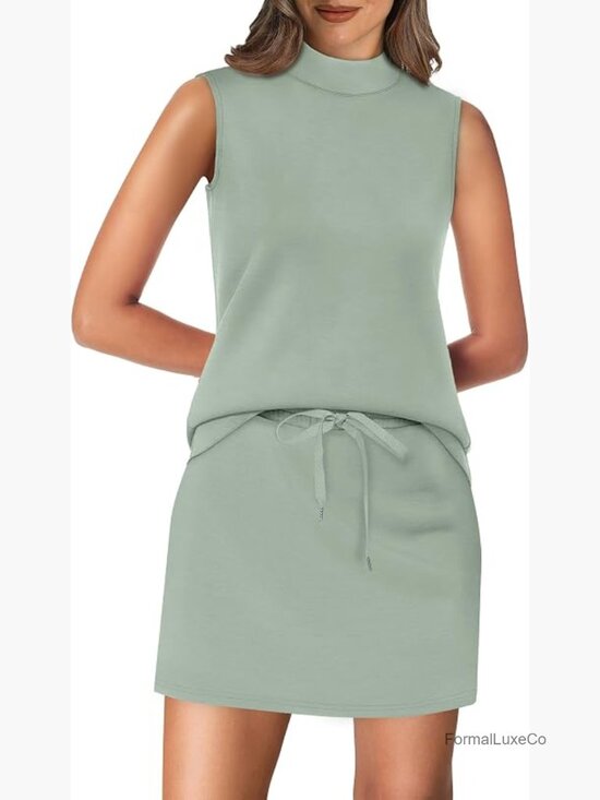 Tops - Two Piece Skirt Sets for Women Summer Tennis Mock Neck Top Built-in Shorts